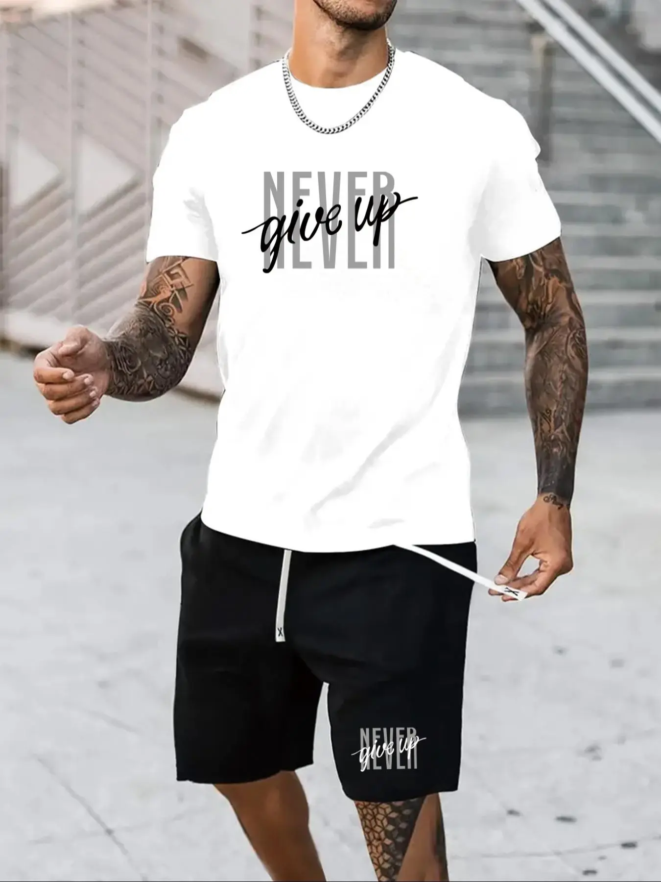 Two-Piece Set Men's Letter Print Tee & Shorts, Regular Fit Round Neck Short Sleeve T-Shirt & Track Shorts, Casual Summer Clothes Set for Outdoor