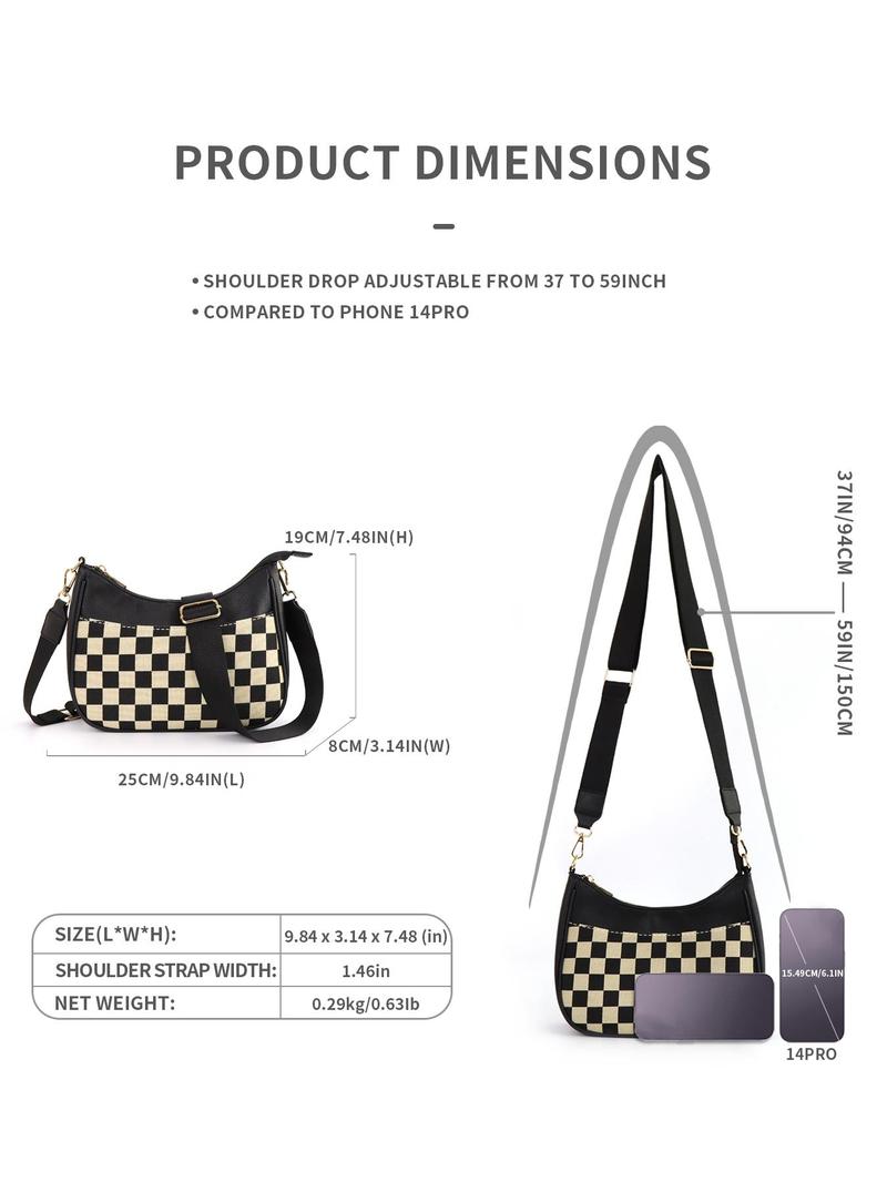Product Introduction of Women's Checked Pattern Crossbody Bag, Fashionable PU Leather Hobo Bag with Adjustable Strap, Casual Versatile Shoulder Bag for Daily Used 7