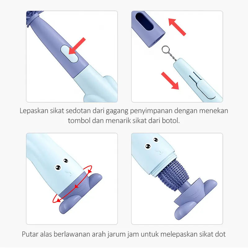 BAMBINO Sikat Botol 3 in 1 Silicone Bayi Silikon BPA Free Dapat Berputar 360 Biru Bottle Merah Pembersih Pembersih 5