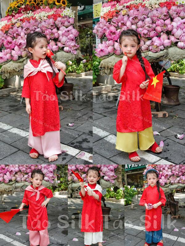 Bộ Áo Dài Bé Gái Cổ Trụ Màu Đỏ Vải Gấm Cao Cấp Chỉ Áo, Quần (Ảnh Shop Chụp) 0