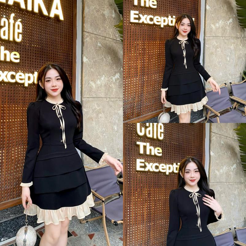 S38 - Váy thiết kế Evii dành cho nữ, Đầm thiết kế cổ bèo dây nơ liền đính cúc hoa tạo điểm nhấn, dáng A ngắn xếp ly bèo tơ phù hợp đi làm, đi chơi và đi dự tiệc. Có Bigsize Women Dress