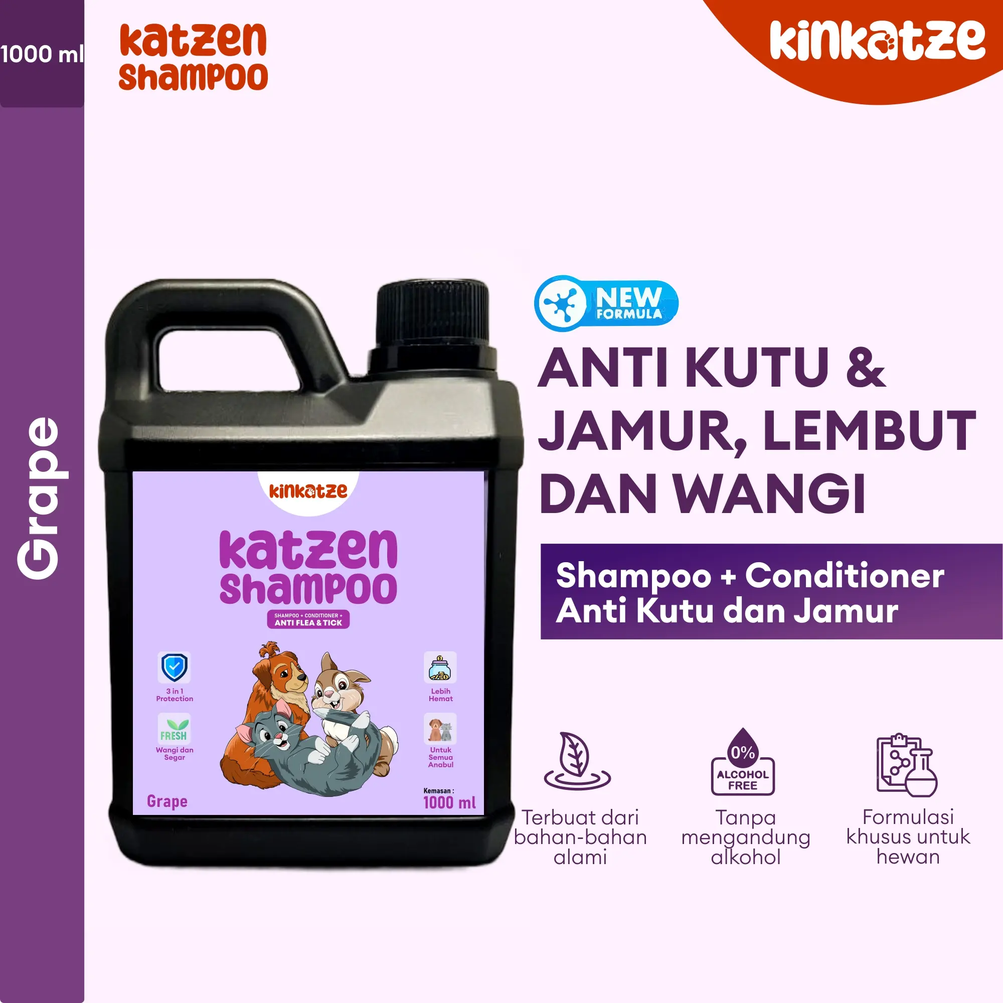 1 Liter Kinkatze Shampoo GRAPE Kucing Anjing Kelinci ANTI FUNGAL & FLEAS untuk Jamur dan Kutu 3 in 1 Total Protection Super Wangi dan Harum