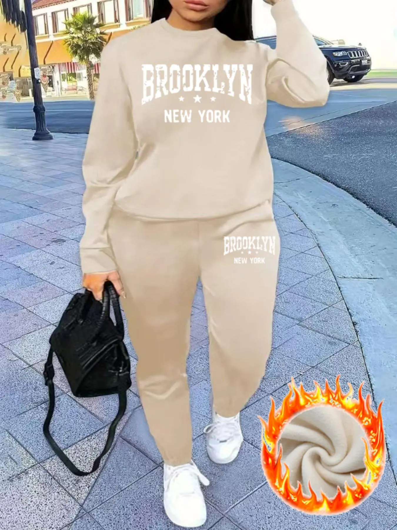 【Plus Size】 Two-Piece Set Letter Print Sweatshirt & Sweatpants Set, Casual Long Sleeve Pullover & Jogger Pants, Women's Fall & Winter Clothes for Daily Wear