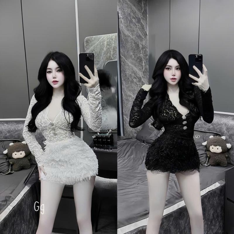 Set đồ nữ áo tay len ren tay dài cổ v dính nơ kèm chân váy tơ lông xinh xắn đành cho các nàng diện đi chơi đi tiệc Women Dress