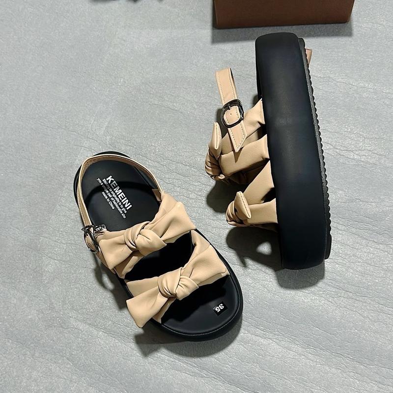 Sandal Nữ quai nơ cột đế cao 5cm da mềm êm nhẹ chân mũi tròn màu nâu/kem/đen 6
