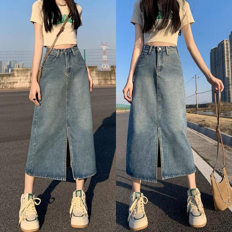 Chân Váy Jeans Dài 7 Tấc Bigsize Xẻ Tà Trước Jean Mềm Không Giản màu bụi Lưng Cao Hack Dáng-V5