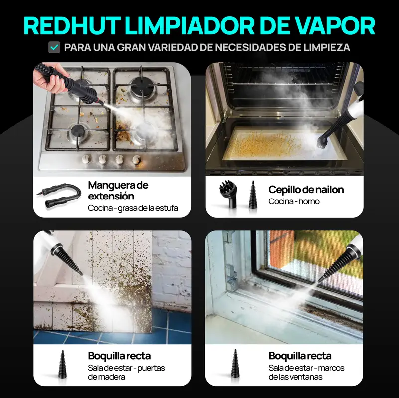 REDHUT Limpiador a Vapor Portátil con 12 Accesorios, Alta Presión y Ecológico, Limpieza Profunda y Desodorizante para el Hogar, Cocina y Baño - Foto 8