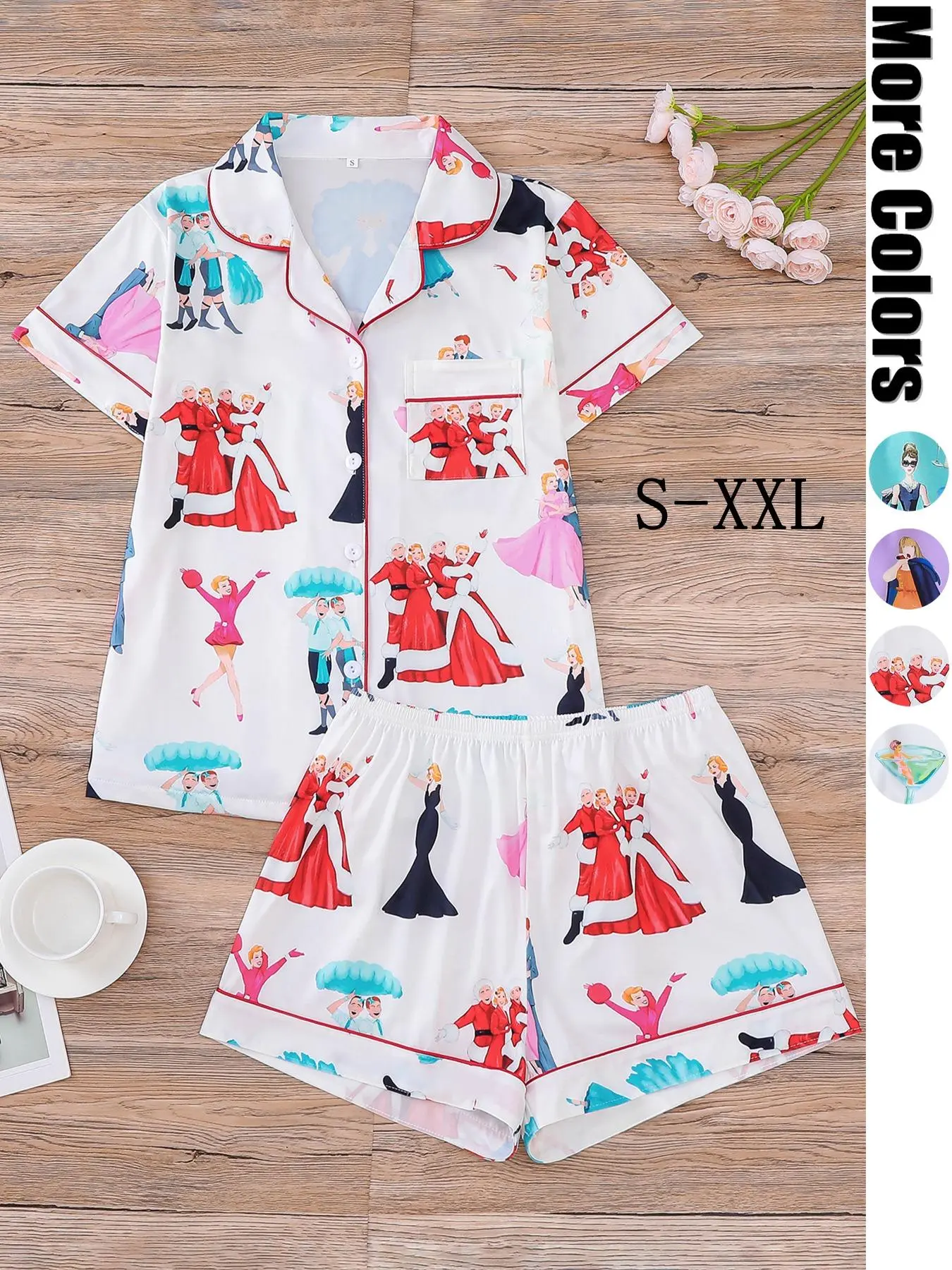 Two-Piece Set Women's All Over Print Contrast Binding Lapel Shirt & Shorts Pyjama, Casual Comfy Short Sleeve Pocket Top & Shorts PJ Set, Ladies Sleepwear for All Seasons