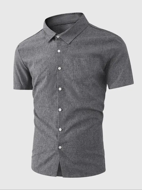 【Plus Size】 Men's Regular Fit Plain Short Sleeve Button Up Shirt, Casual Retro Lapel Neckline Top for Summer, Men's Clothes for Daily Wear 0