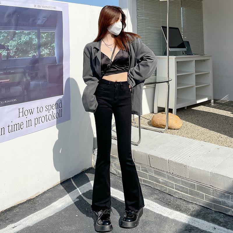Jeans Hitam Berkobar Mikro Ukuran Besar untuk Wanita, Jeans Pinggang Tinggi, Pelangsing, Menutupi Lantai, Celana Melar Melebar/812 3