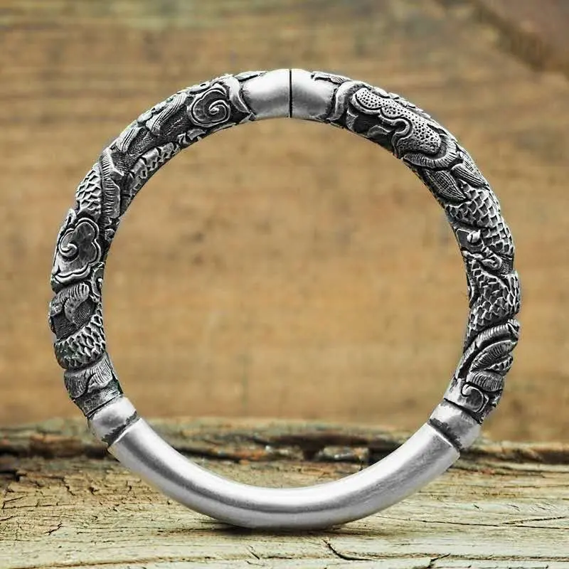 Vòng tay cặp đôi dành cho nam và nữ, cột giữ rồng đôi, Màu bạc Sterling 999, retro, quà sinh nhật