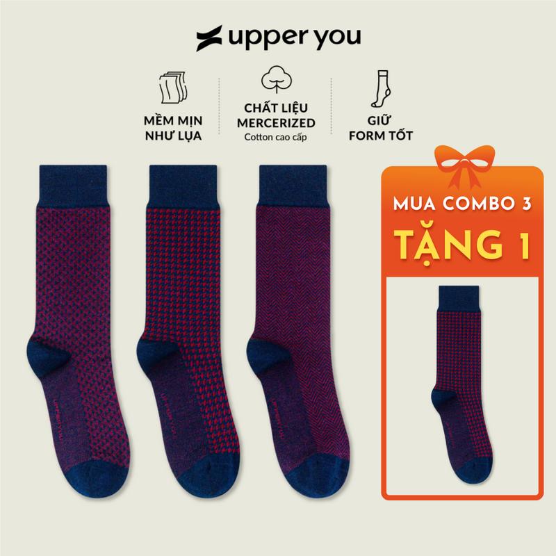 Tất Vớ Giày Tây Premium Cao Cấp UPPER YOU Mercerized Cotton Họa Tiết Màu Tím Bordeaux Mềm Mại Thấm Hút - PMM400NB Menswear Nam Vải Cotton Navy Ong Tim