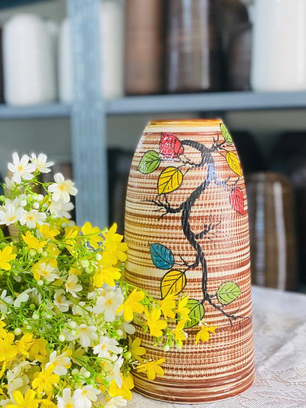 Bình Chuông Thon Vẽ Lá Cao 38Cm - Màu Nâu Vàng, Bình Gốm Mộc Cắm Đào, Tuyết Mai.. Decor Phòng Trang Trí Nhà Thủy Tinh bát