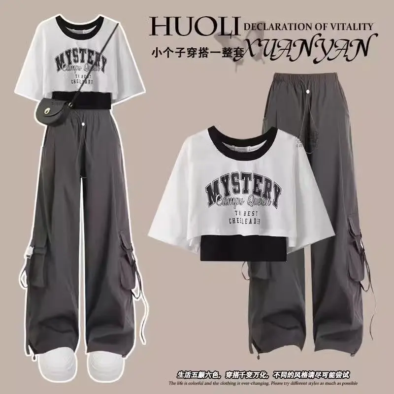 Summer 2025 Sweet Cool Suit Female Student Korean Style Design Sense Real Two-Piece Short-Sleeved T-shirt + Handsome Overalls Three-Piece Suit Fashion Clothing Lingerie Casual Comfort Womenswear