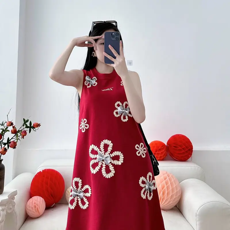 Váy Ba Lỗ_Cổ Tròn_In Nổi Hoạ Tiết Bông_Đính Kèm Nơ_Chất Conton Co Giãn_Dày Mềm Mịn Nữ Đen Women 5
