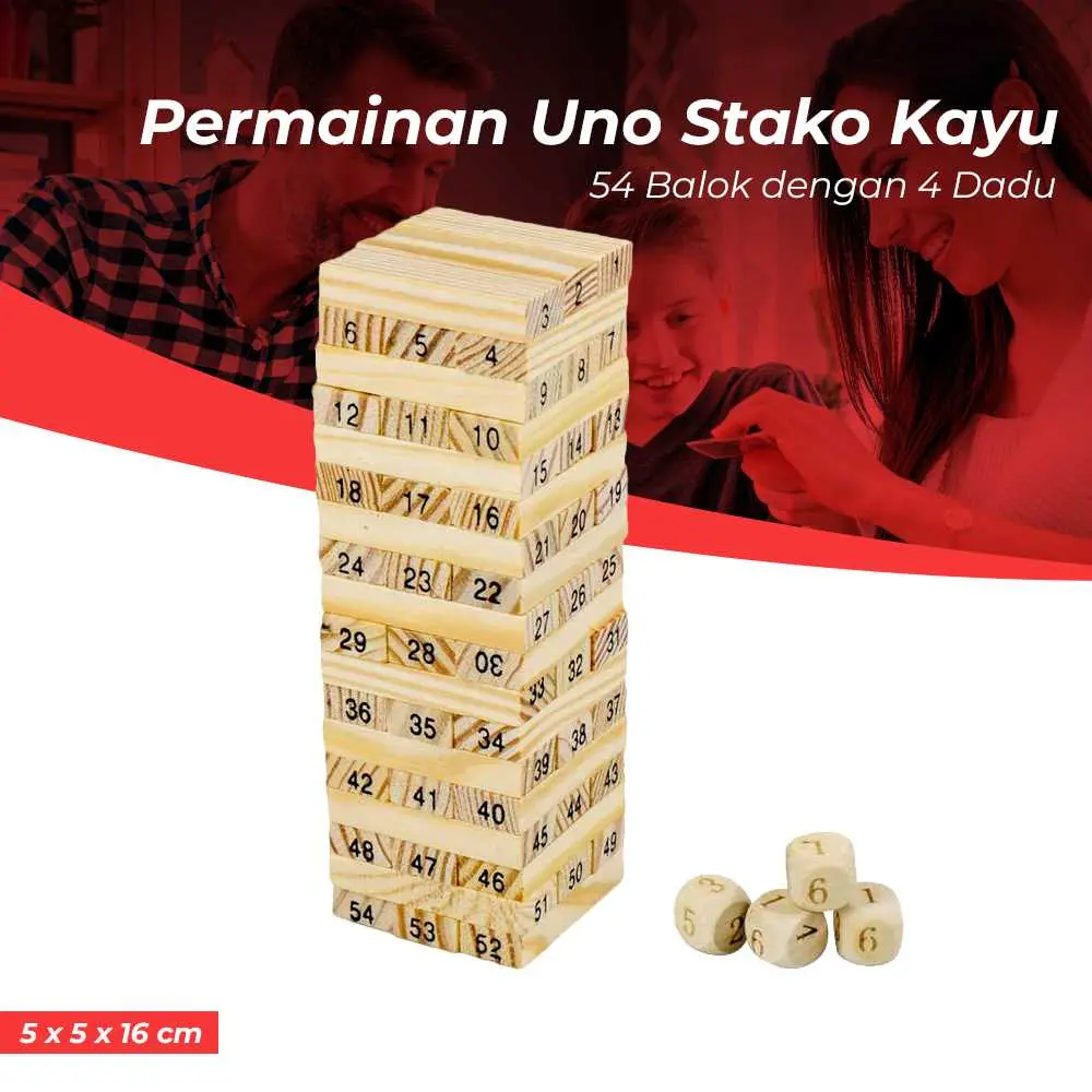 Toddi Permainan Uno Stacko Kayu 54 Balok dengan 4 Dadu