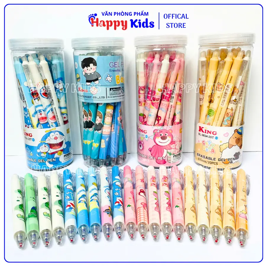 Lon 20 Cây Bút Gel Bấm Xóa Được Dành Cho Học Sinh Tiểu Học (Mực Xanh/Tím) - Giao Mẫu Ngẫu Nhiên Cho Nam Và Nữ - VPP Happy Kids