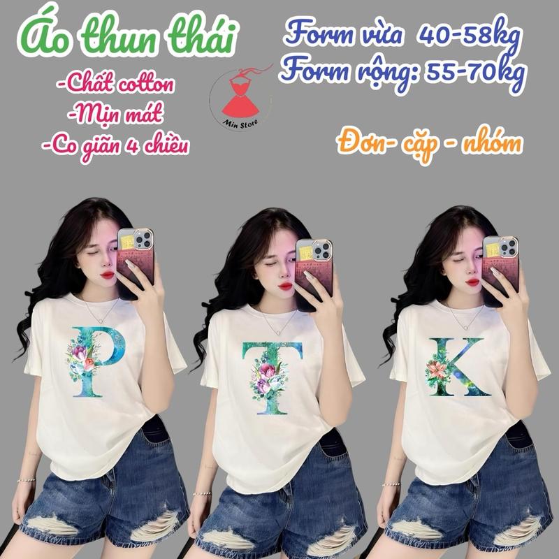 Áo thun thái nữ [ Mã A82][chữ cái A-z] có bigsize 3 form 40-78kg Cổ Tròn Top Nữ Cotton Women