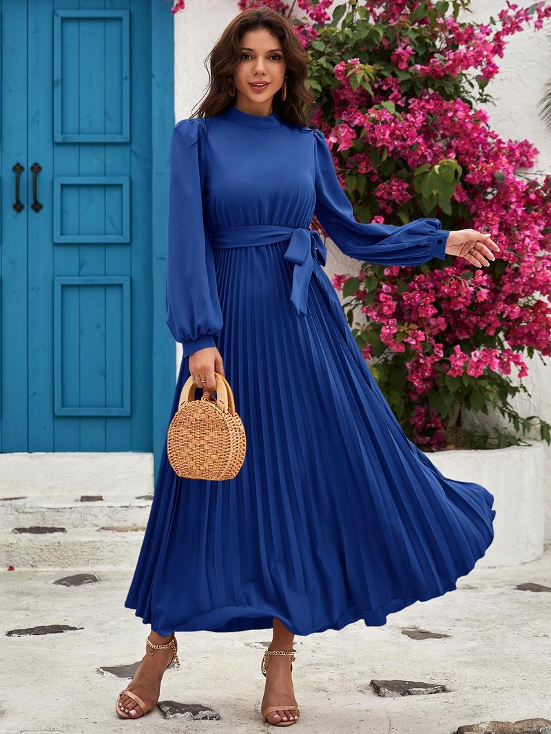Product Introduction of Women's Solid Belted Pleated Dress, Elegant Bishop Sleeve Keyhole Back A Line Dress for Spring & Fall, Women's Clothing for Wedding Guest, Dresses for Women 5