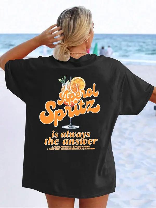 Women's Letter Graphic Round Neck Tee, Lady Comfort Graphic Tees Top, Casual Drinks Graphic Drop Shoulder Half Sleeve T-shirt for Summer, Vintage Graphic Tees, Ladies Clothes for Daily Wear, Womenswear 1