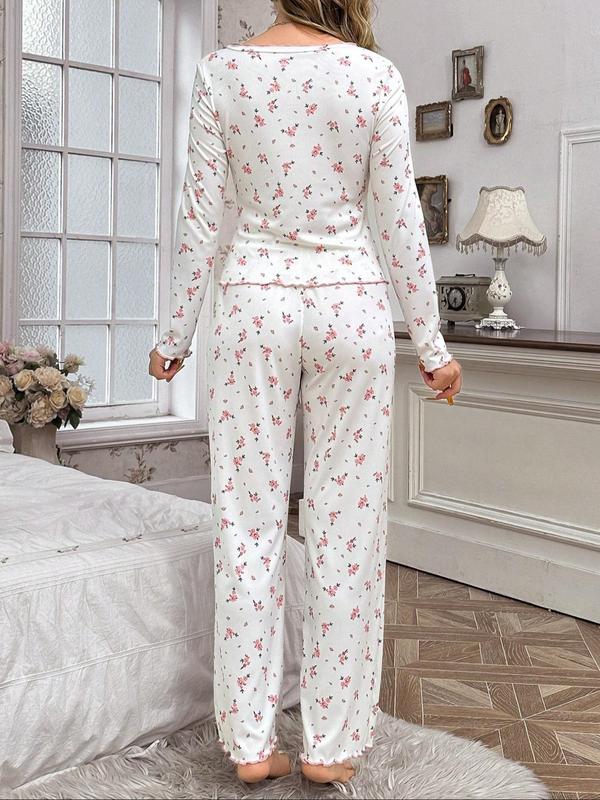 Two-piece Set Women's Ditsy Floral Print Pyjama Set, Comfort Pj Set for Homewear, Casual Comfy Long Sleeve Top & Pants Pajama Set, Women's Sleepwear for All Seasons 3