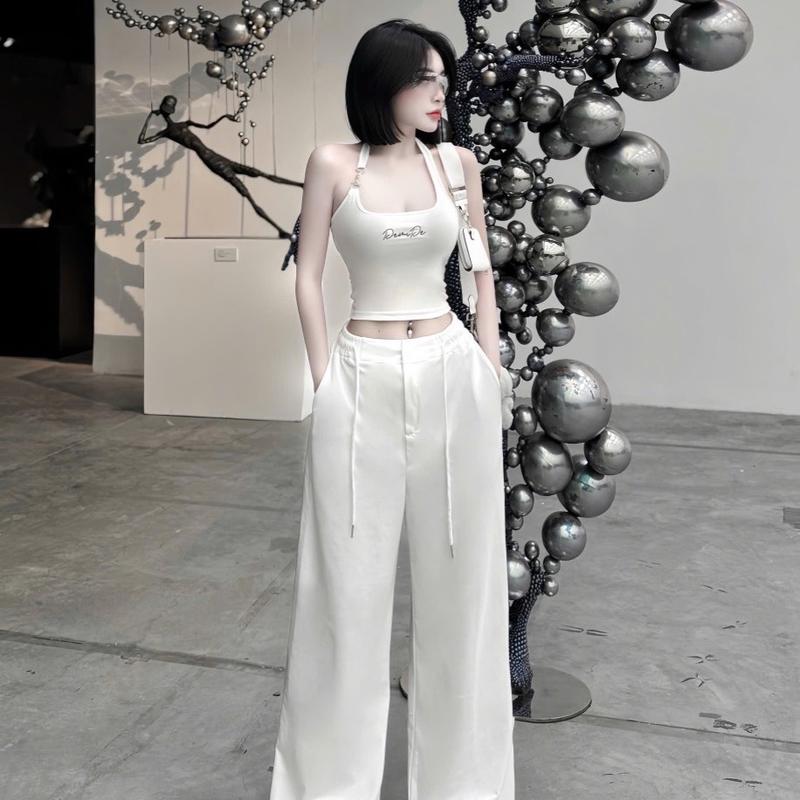 Set áo 2 dây mix quần xuông với 2 tone màu basic Nữ Kem Women Voi Trắng 7