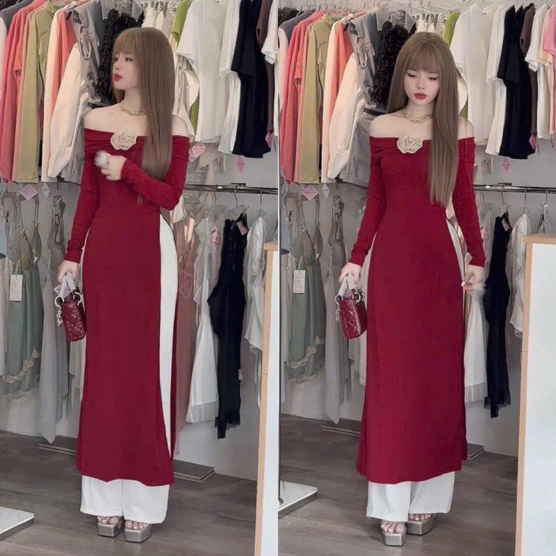 Bộ Áo Dài Cách Tân Đính Hoa, Áo Dài Đỏ, Áo Dài Hồng Tết Thun basic QC dày dặn Women Nữ Dress 1