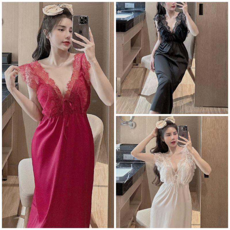 Đầm ngủ 2 dây cánh tiên có mút ngực dáng dài - Chất vải Lụa Latin mềm mịn mát - Freesize 4O - 58kg Nữ Váy Ngủ Ren Voi Thun Dress Sen Đen Voan setdongu cute