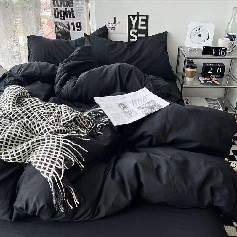 Bộ chăn ga gối cotton tici  cotton đũi trơn dày decor phòng ngủ vintage màu đen tuyền full đủ mọi cỡ nệm Cotton 3