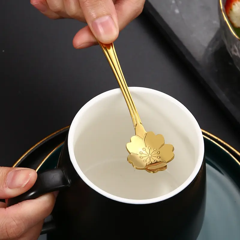 Bộ thìa, 5 cái, làm bằng thép không gỉ, thích hợp để khuấy cà phê, món tráng miệng, trộn mật ong, trà và kem 6