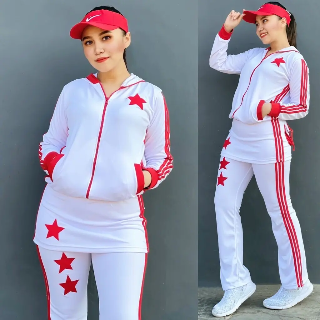 Baju Senam Aerobik Setelan Lapangan Zumba Olahraga Panjang Muslimah Hijab Cycling Rok Putih Merah Seragam