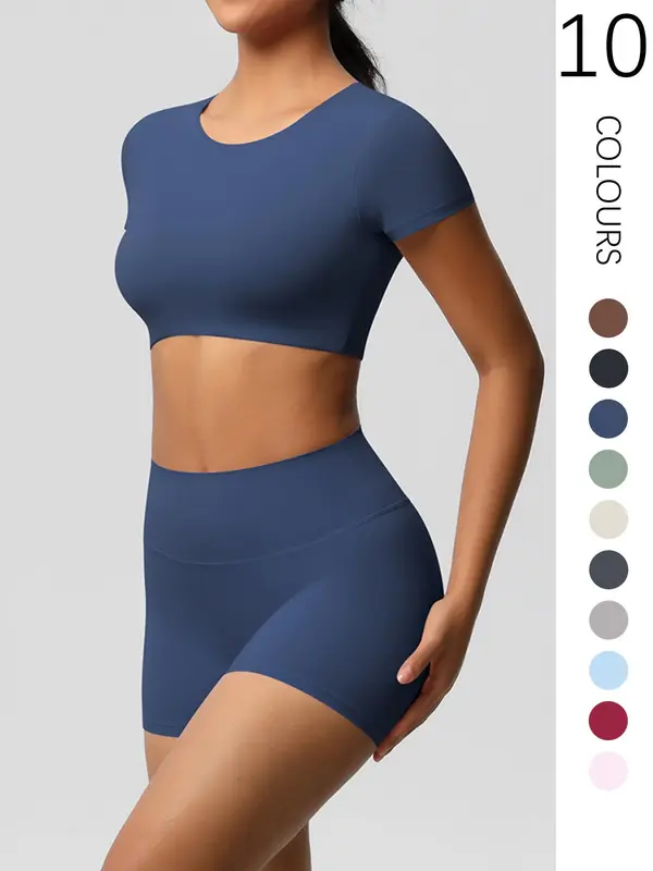 Two-Piece Set Women's Solid Ribbed Crop Top & High Waist Shorts Tracksuit Set, Breathable Comfortable Seamless for Yoga Gym Workout Running, Ladies Sportswear for All Seasons 0