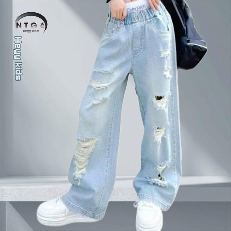   16-48kg  jean ống rộng thiết kế rách kèm dây xoắn  mã R082  quần bò cho bé gái sành điệu 