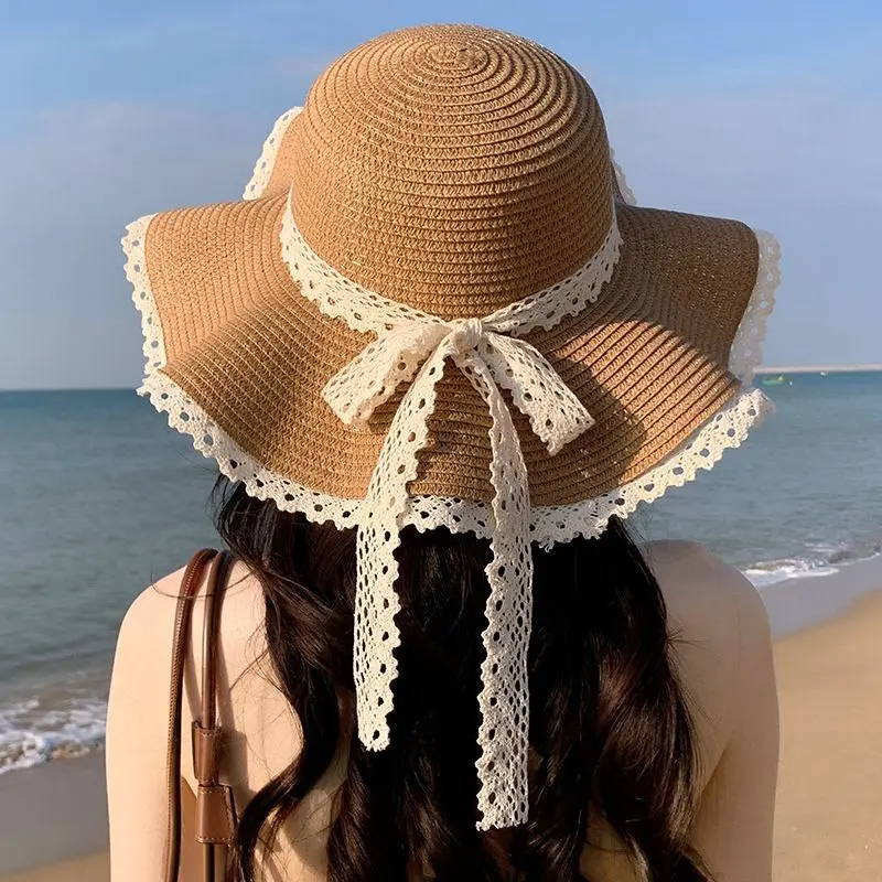 Women\'s Lace Sun Hat Large Wide Brim Foldable Travel Beach Vacation CoCoMangos Women Sun Hat Wide Brim Straw Hat with Lace  main image 4