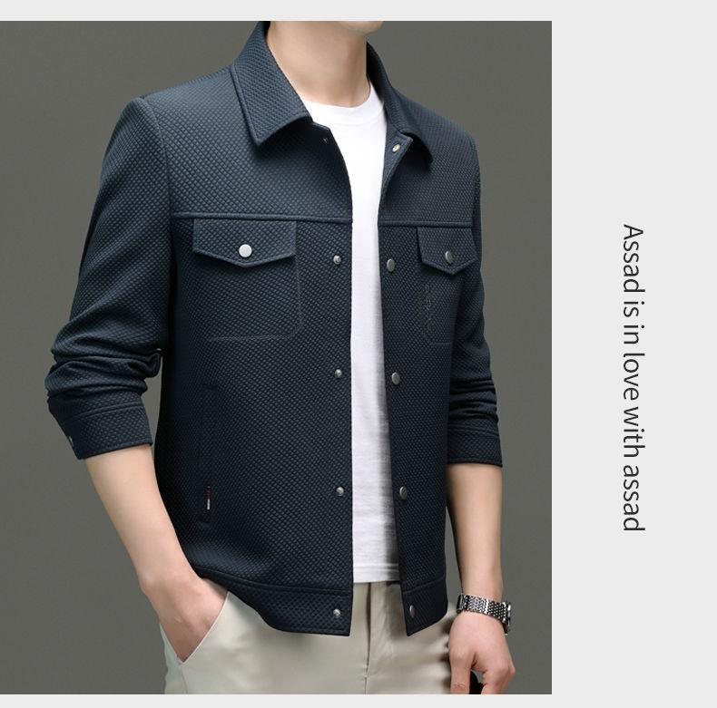 Product Introduction of Spring 2024 Men's Knitted Elastic-Force Jacket Lapel Overalls Korean Style Slim-Fitting Jacket Fashion All-Matching Closed 32