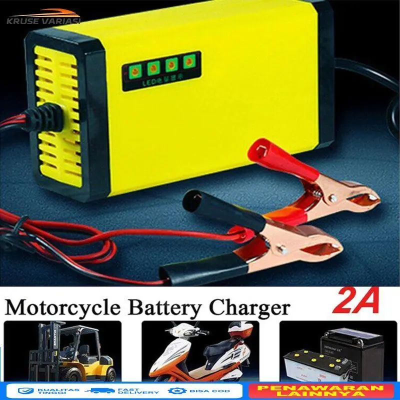 【Dari Jakarta FAST】 KONGDO Charger Aki Portable 12V 2A/Charger Aki 12V3AH-20AH Charger Aki Portable 12V 2A Alat Cas Aki /Car Truck Motorcycle Battery Charger 12V 2A 2 Varian LED 4