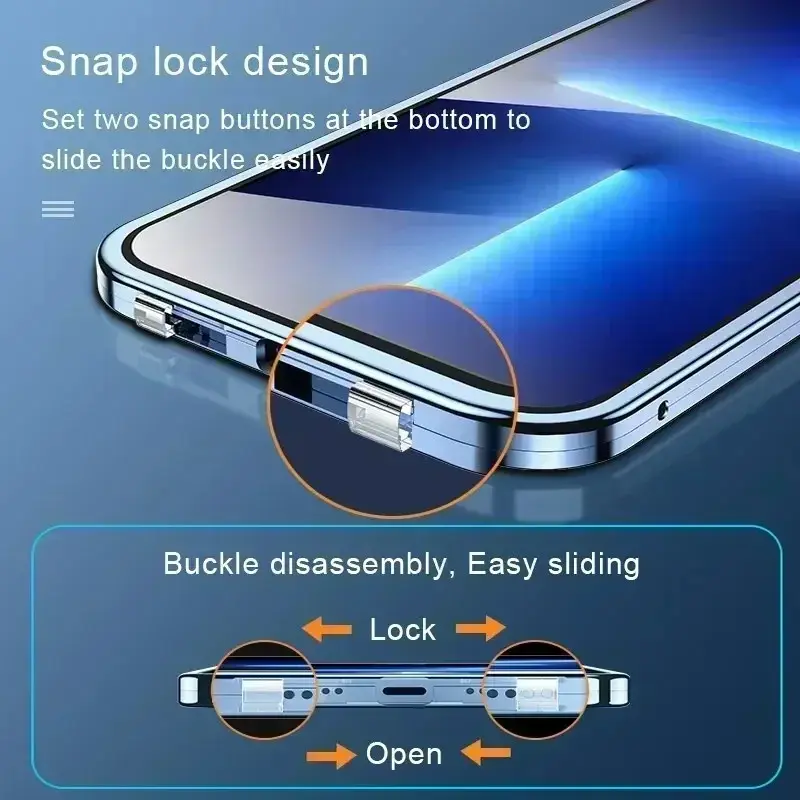 Ốp Kính Khóa Hai Mặt Từ Tính, Chất Liệu Kim Loại, Dành Cho iPhone 16, 15, 14, 13, 12, Pro Max, Plus, Bao Phủ Toàn Bộ 360 °, Ốp Chống Sốc Bảo Vệ 1