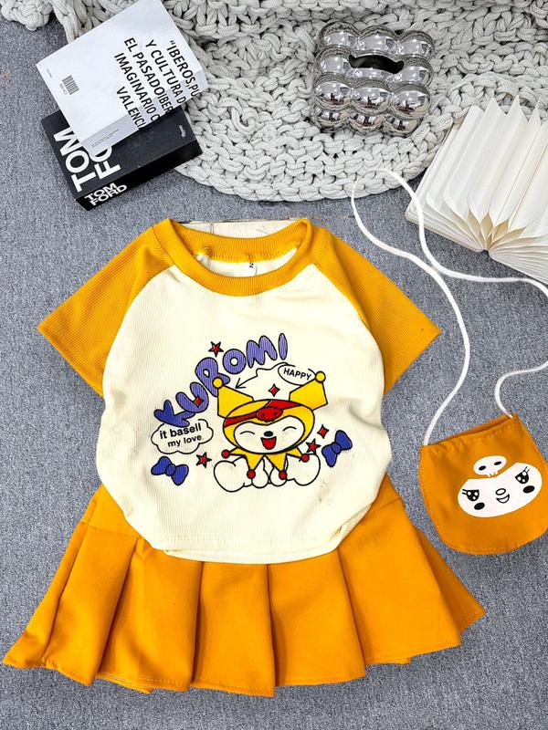 [8-22kg] Set áo vải gân tăm in hình + Váy (có lót) vải Cotton lạnh kèm túi đeo cho bé gái mặc đi học, đi chơi (TT004, TT027, TT140) 3