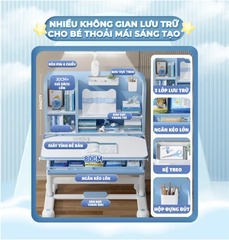 Bộ Bàn học cho bé Sakawin A16 Cải tiến cao cấp Nâng hạ tay quay cả bàn và ghế Tặng bộ quà 6 Món đầy đủ 3