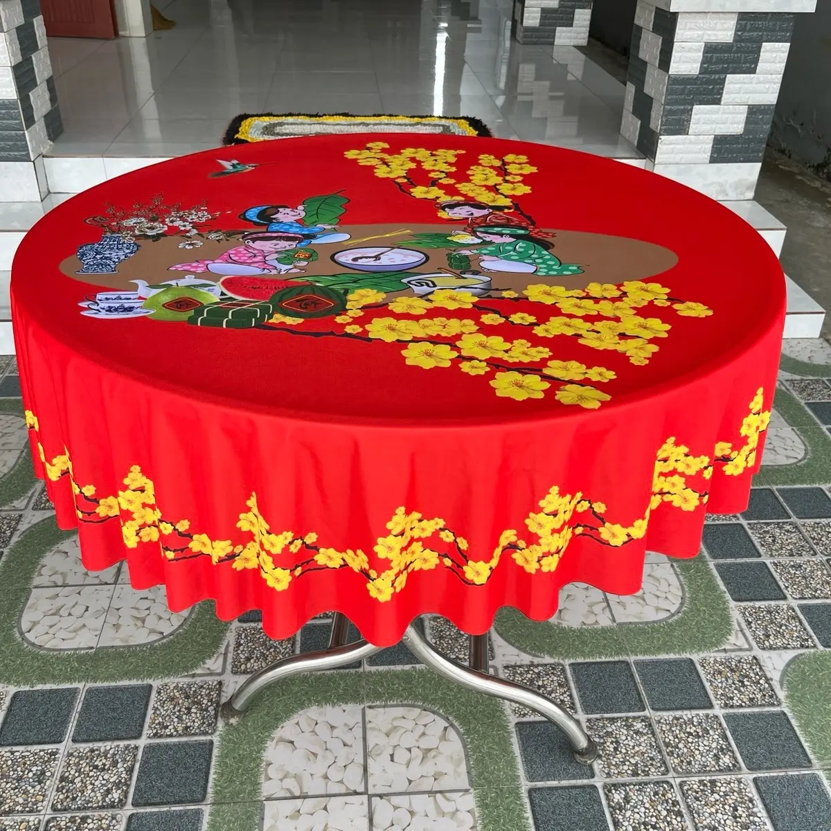 Khăn trải bàn tròn thun ý in 5D