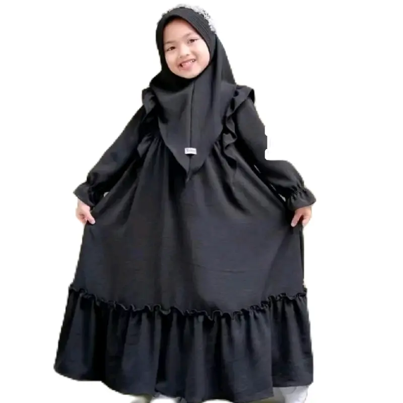 WIMA_id Set Gamis Anak Marwah Polos Hitam Putih dengan Hijab Crinkle Airflow Nyaman Simple Lebaran Muslim Baju Syari Dress Tanggung Cantik Lembut Model 2025 Baju Gamis Anak Satu Set Jilbab 2