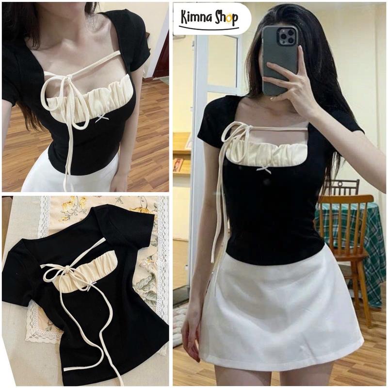 Áo Baby Tee Ngắn Tay Ôm Body Phối Bèo Cổ Nơ Buộc Ngực Gợi Cảm