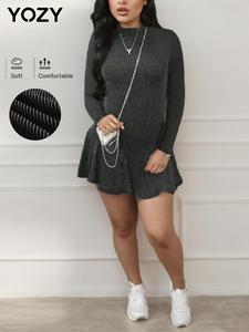 YOZY Women's Plain Button Keyhole Neck Ribbed Dress, Casual Long Sleeve A Line Short Dress for Fall & Winter, Women's Clothing for Daily Wear