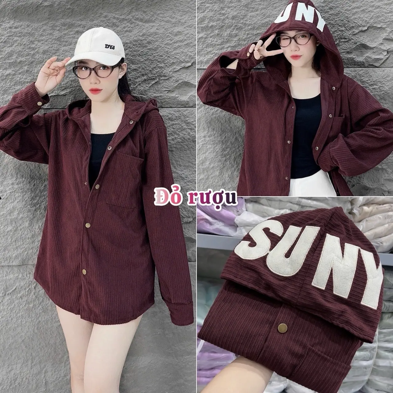 QUỲNH NHI - Áo khoác sơ mi nhung(SUNNY),nón to,mềm dày vừa,from dài, freesize 40-60kg