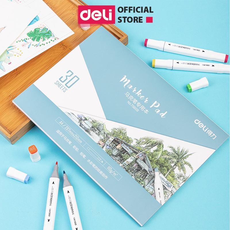 Sổ Giấy Vẽ Màu Marker Chuyên Dụng Deli - 30 Tờ 60 Trang 110gsm - Giấy cao cấp dày dặn dễ chồng màu tản màu