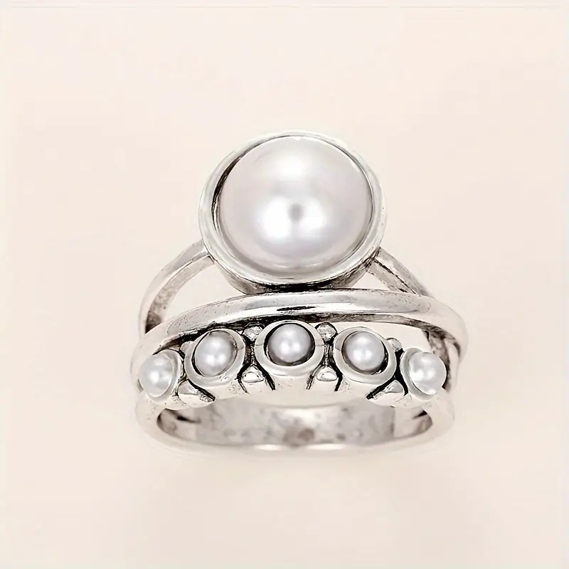 [Pearl Ring for Daily Party Wear] Fashion Bohemian Style Pearl Ring Ladies Daily Casual Party Holiday Band Ring Anniversary Commemorative Ring Gift 6