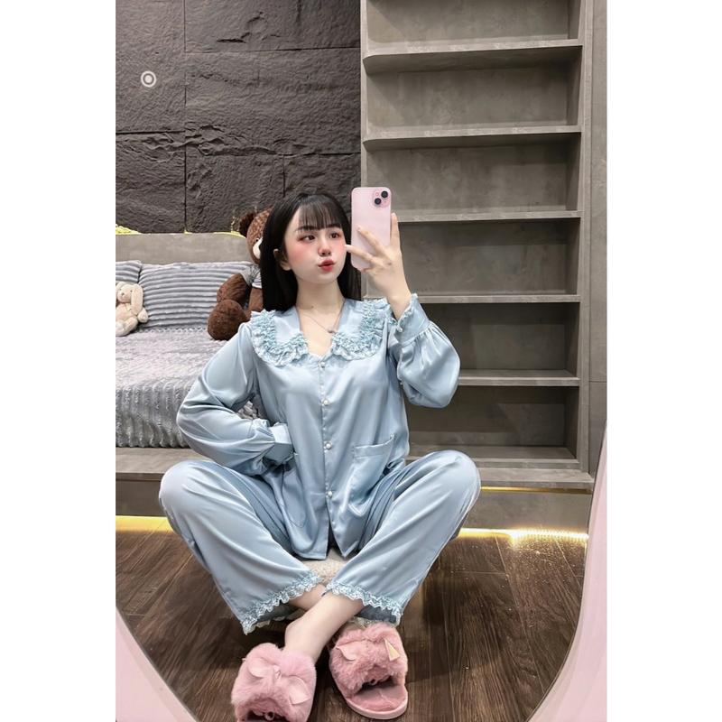 Đồ Bộ Tiểu Thư JULY Pijama Tay Dài Cổ Sen Ren Tầng Chất Lụa Latin Mềm Mịn Freesize 3