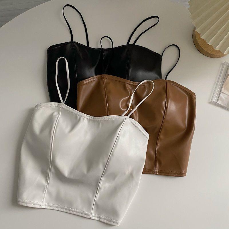 Product Introduction of European and American hot girl PU leather jacket, camisole, small vest, women's autumn outfit with chest cushion, short base shirt, top Lingerie Tube Lady Basic Minimalist Spaghetti Strap 10