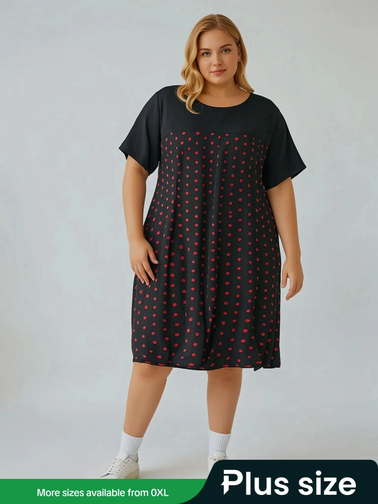 【Plus Size】 Polka Dot Print Tee Dress, Casual Short Sleeve Round Neck Dress for Summer, Women's Plus Clothing for Daily Wear