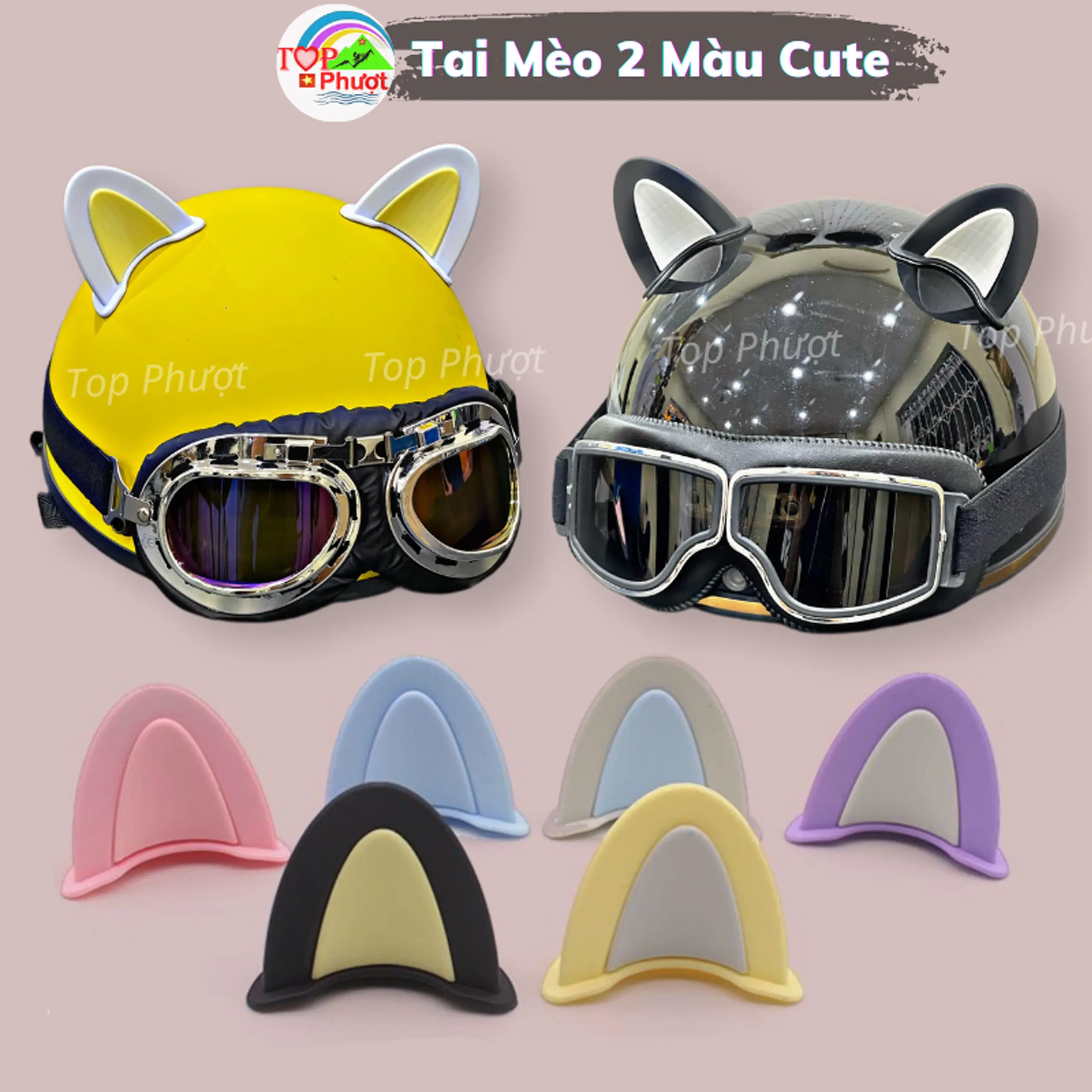 Tai mèo 2 màu gắn mũ bảo hiểm nữa đầu và nón bảo hiểm 3/4 siêu xinh nhiều màu độc lạ Helmet
